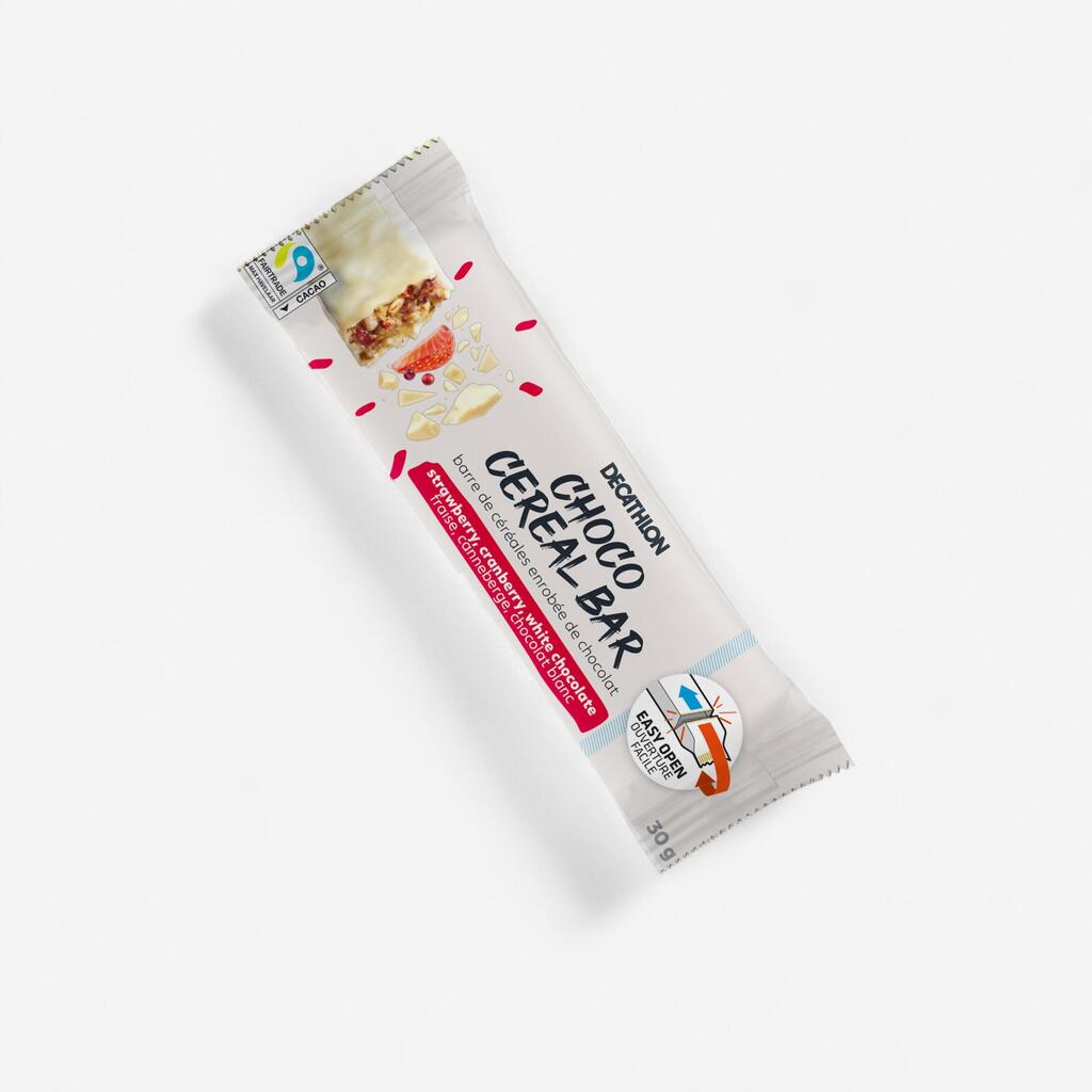 Mixed berries cereal bar coated in white chocolate